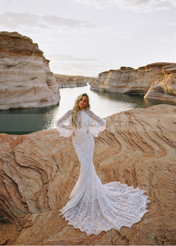 High Neck Ivory Lace Keyhole Back Wedding Dress